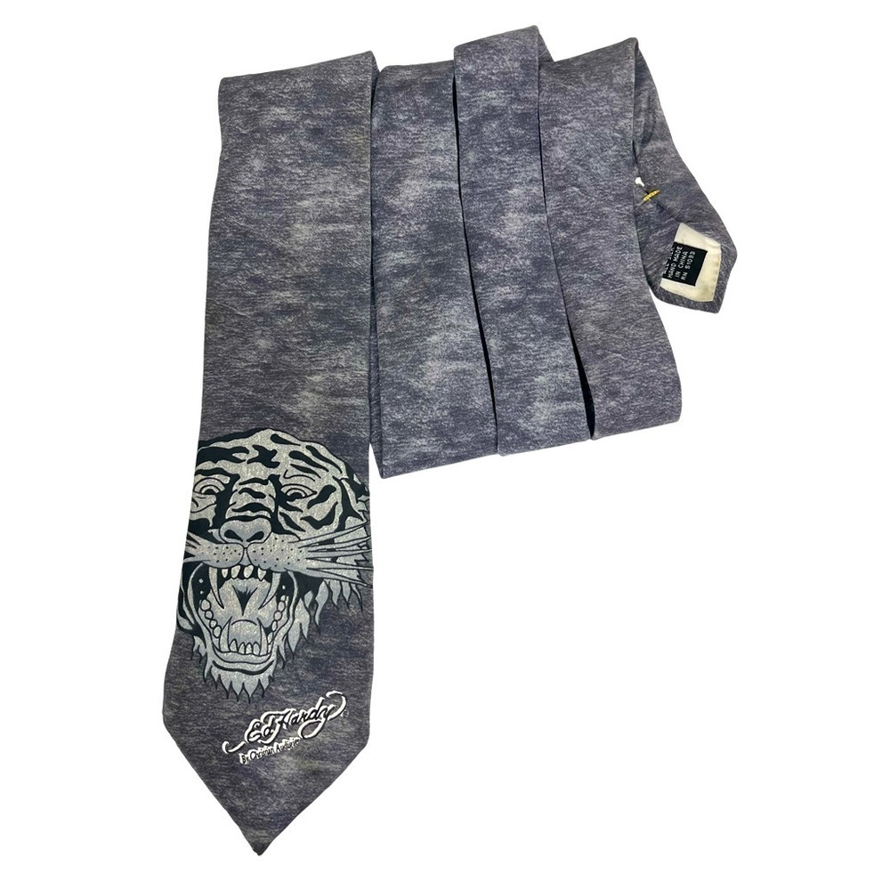 Ed Hardy Gray Tiger Silk Tie Y2K